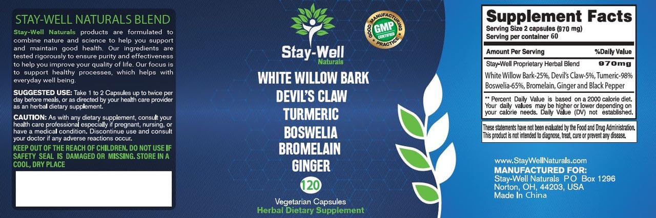 Pain Relief- White Willow Bark Extract, Devil's Claw, Turmeric, Boswellia, Bromelain and Ginger Premium Extract Blend- 120ct