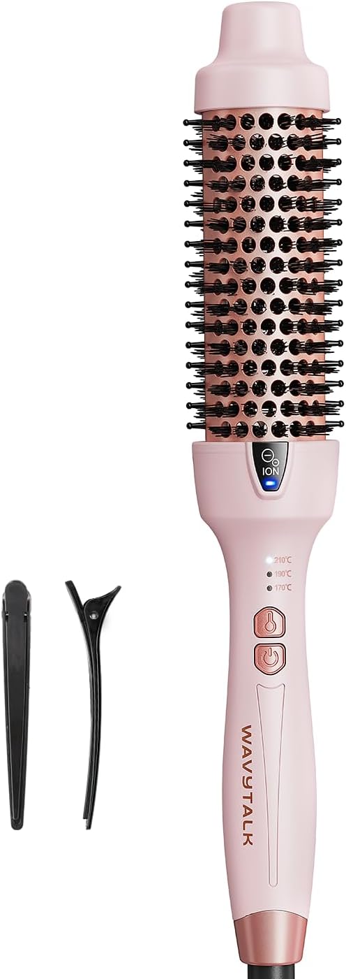 Wavytalk Thermal Brush, Heated Hot Brush for Hair Styling 38mm Ionic Thermal Round Iron for Blowout Express, Heated Curling Iron Create Natural Curls, Dual Voltage and UK Plug, Pink