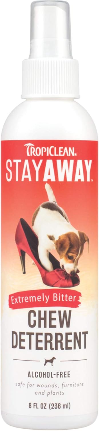 TropiClean Dog Spray Grooming Supplies - Chew Deterrent Spray - Extremely Bitter Spray to Deter Dogs & Puppies From Chewing - Alcohol Free - Safe To Use On Wounds, Furniture & Plants, Stay Away, 236ml