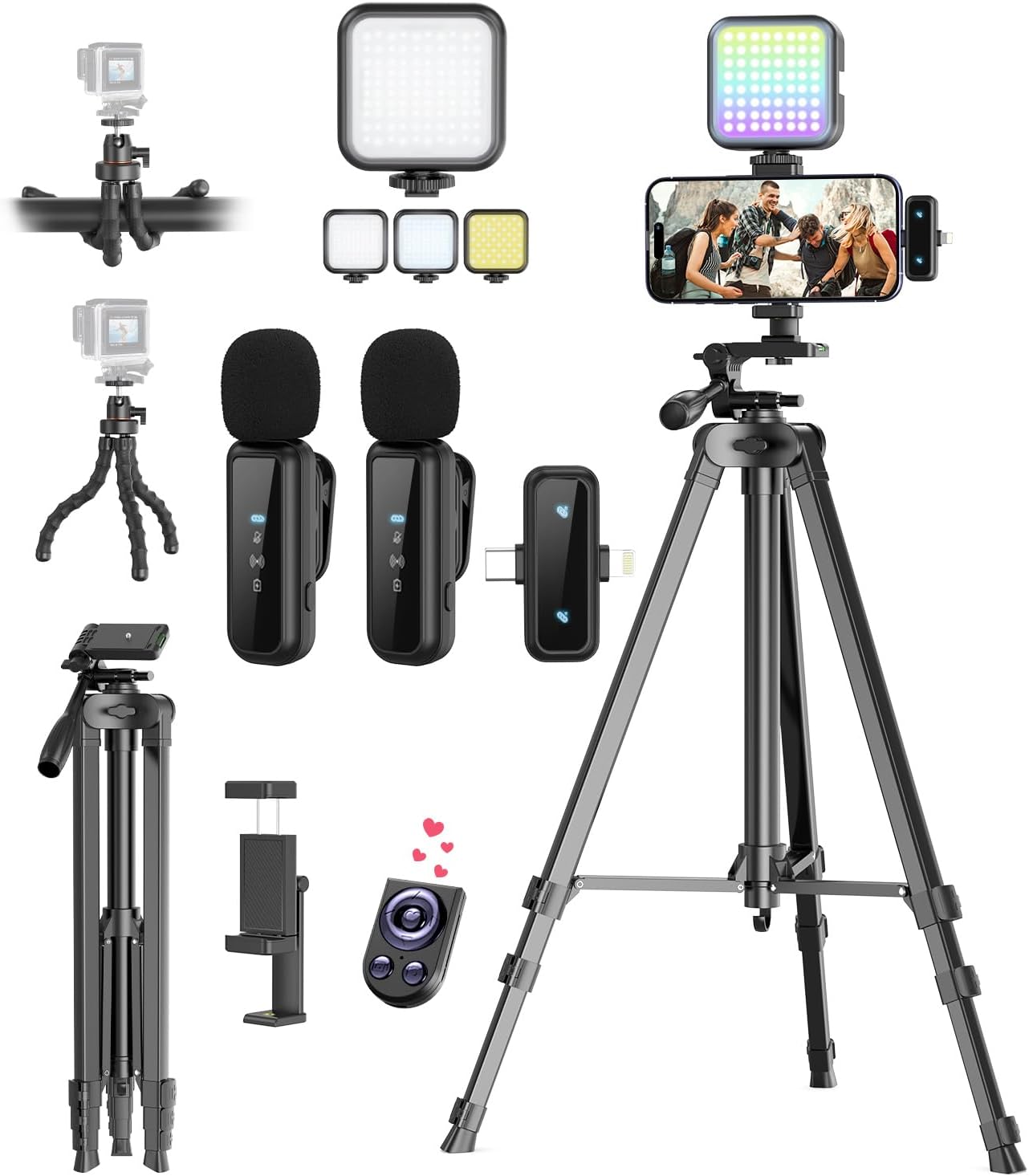 Vlogging Kit for iPhone/Android, YouTube Starter Kit with Wireless Microphone/Camera Tripod/Flexible Tripod/RGB Fill Light, Content Creator Essentials Kits for TikTok Vlog Video Recording