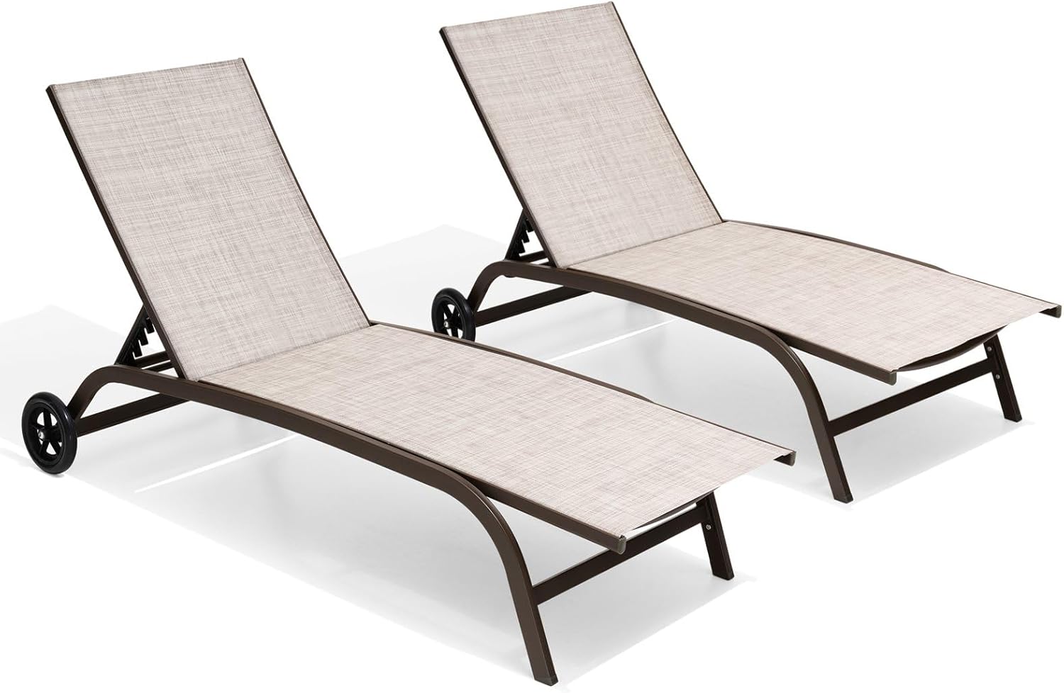 Crestlive Products Aluminum Chaise Lounge Chairs with Wheels Outdoor Adjustable Recliner Five-Position and Full Flat All Weather for Patio, Beach, Yard, Pool (2PCS Beige)