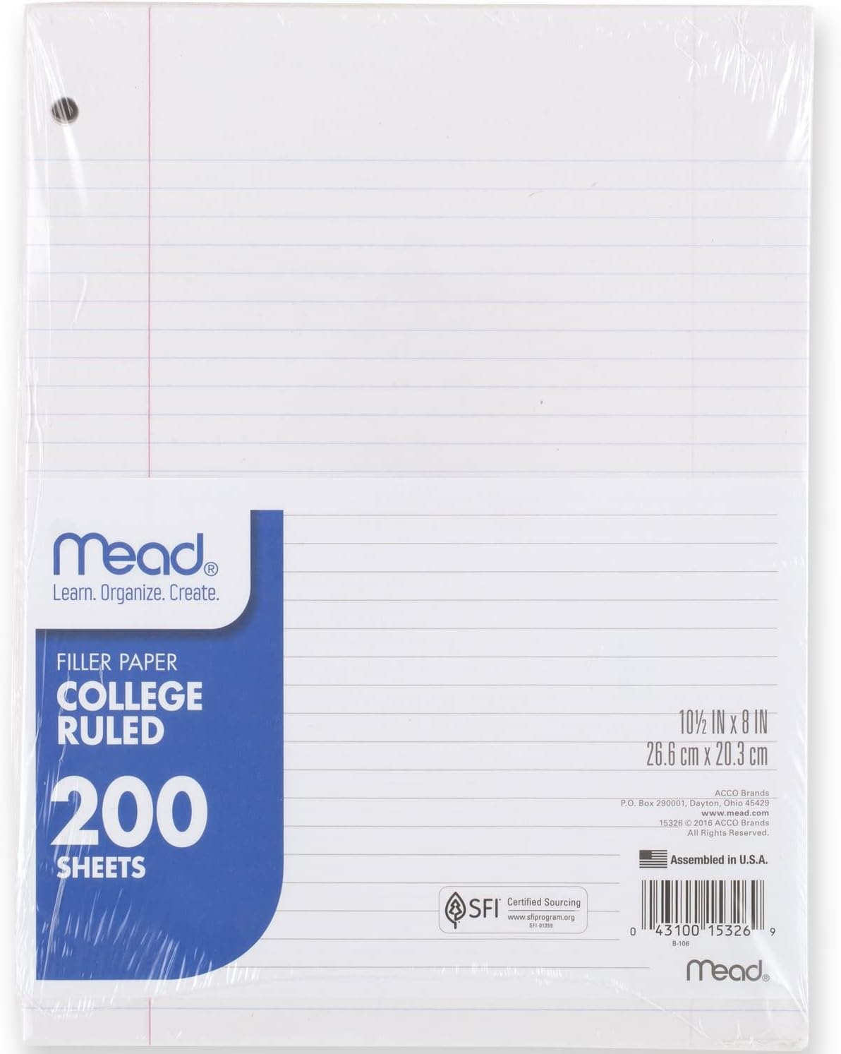 Mead Loose Leaf Paper, Notebook Paper, College Ruled Filler Paper, Standard, 8 x 10.5, 200 Sheets (15326), White
