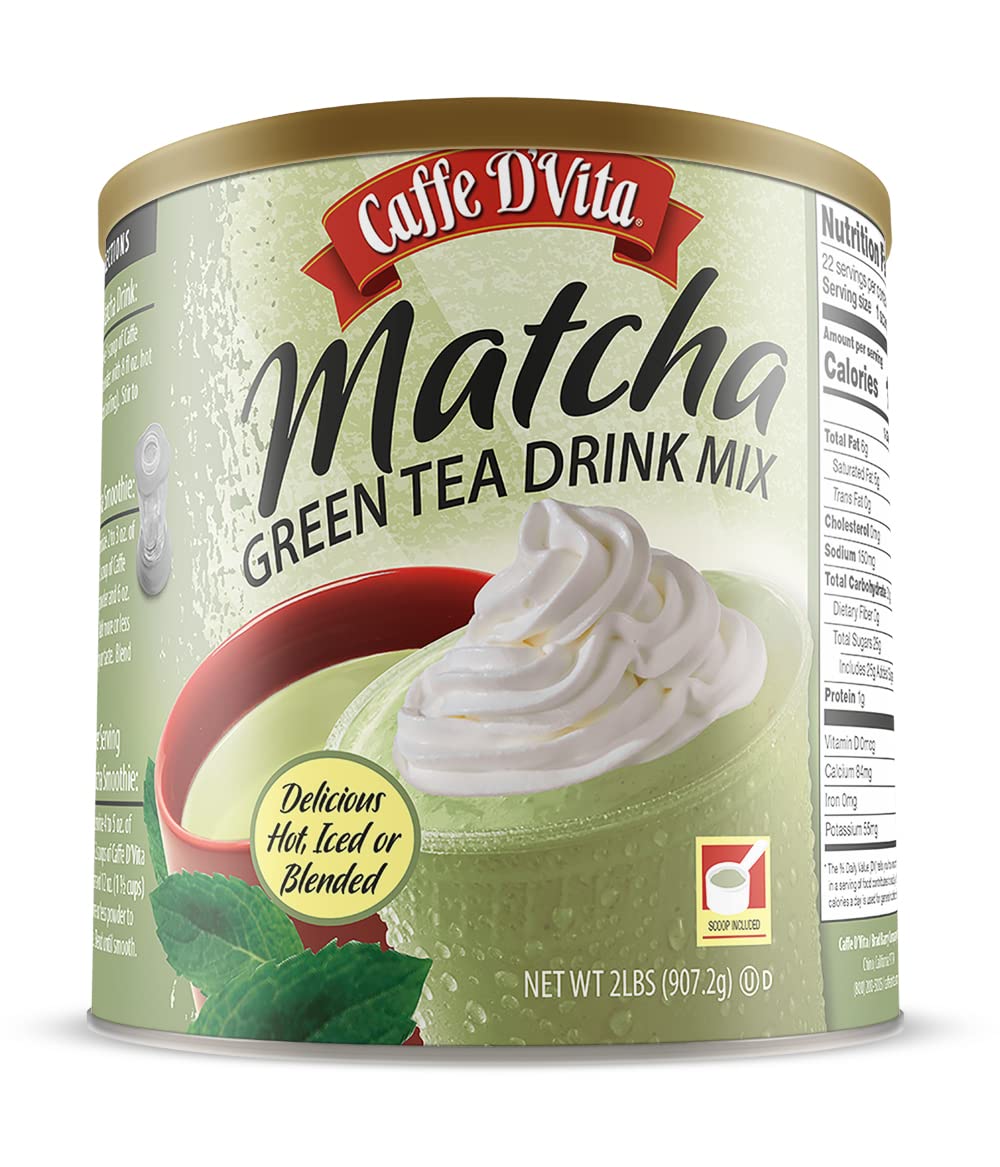 Caffe D'Vita Matcha Green Tea Drink Mix - Japanese Matcha Green Tea Powder, Gluten Free, Low Fat, No Cholesterol, No Hydrogenated Oils, No Trans Fat, Kosher-Dairy, Green Matcha Tea Powder - 2 Lb Can