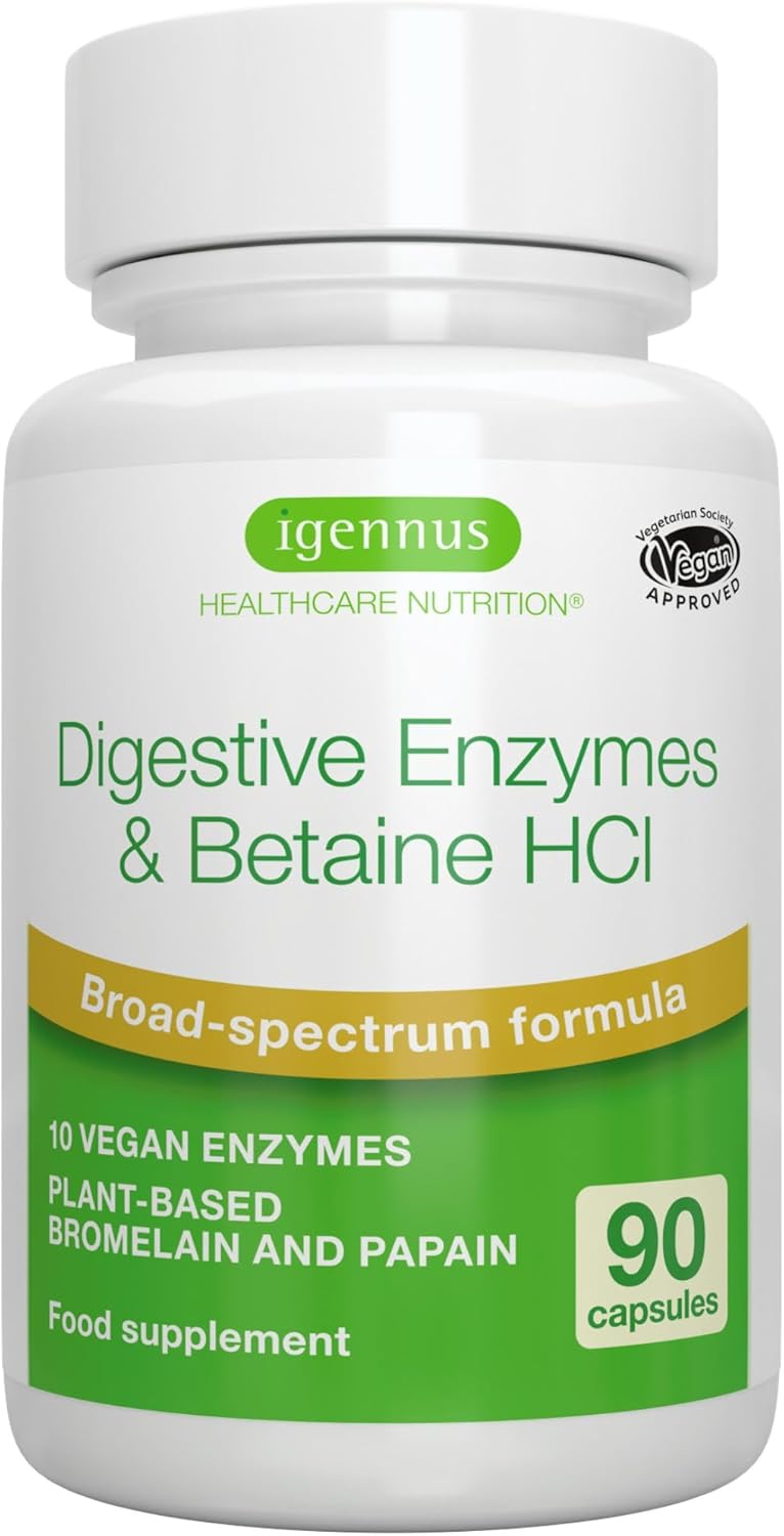 Igennus Fast Action Digestive Enzymes & Betaine HCl, 10 Vegan Enzymes with Lactase & Lipase, Clean Ingredients, Plant-Based Bromelain & Papain, for Women and Men's Gut Health, 90 Capsules