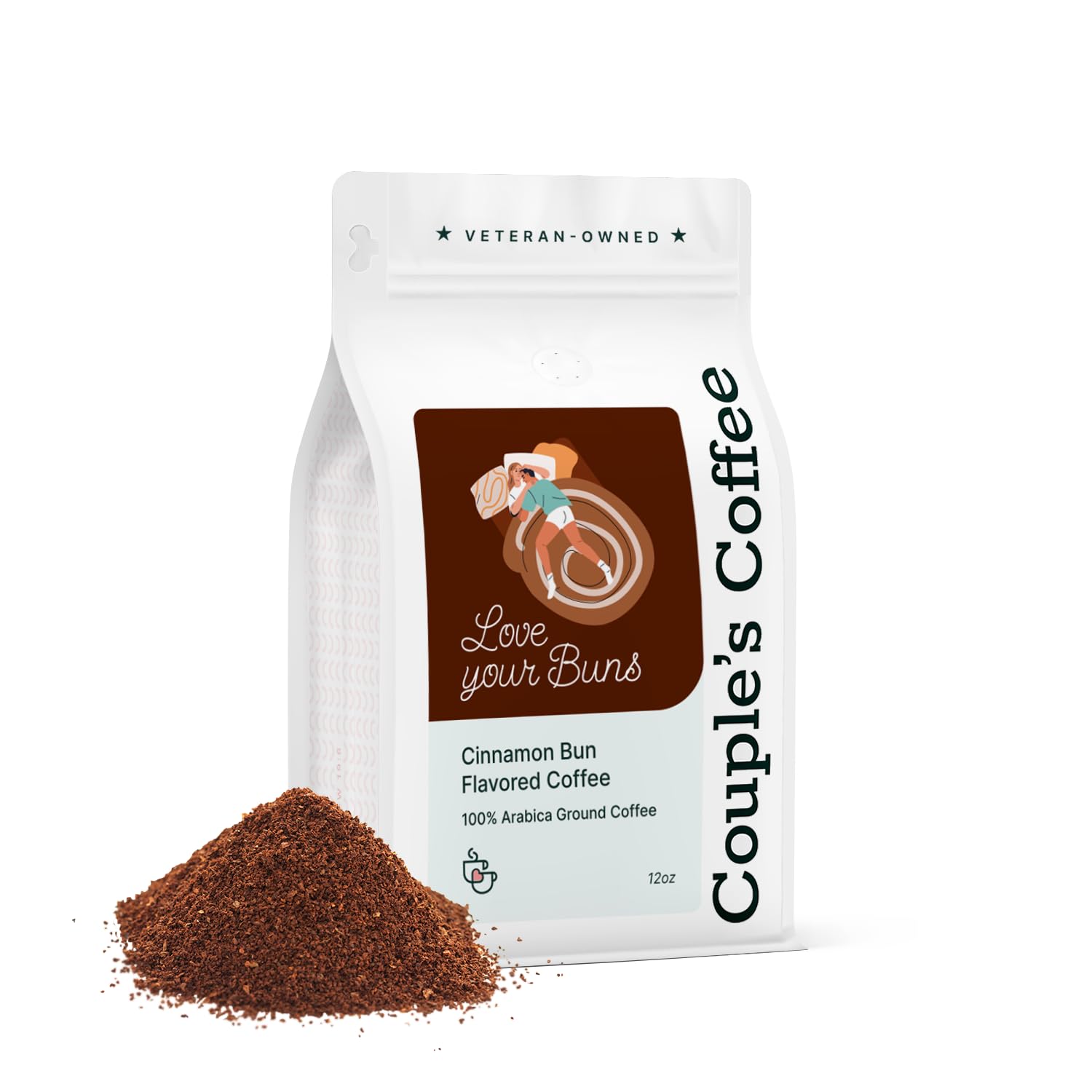 Couple’s Coffee Ground Coffee | Gives Back to Military Families | Love Your Buns | Medium Roast Cinnamon Bun Flavored Coffee | Made with 100% Arabica Beans | 12oz bag brews about 34 cups