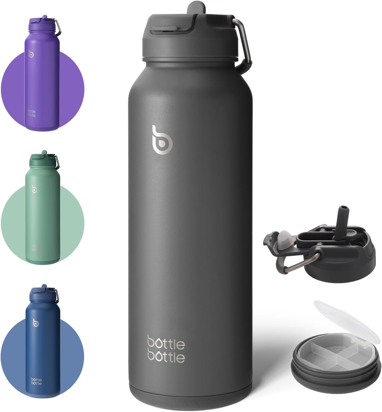 BOTTLE BOTTLE Insulated Water Bottle with Straw 1180ml(40oz) Sports Stainless Steel Water Bottles with Handle Lid Outdoors Drink Flask for Pills (gray)