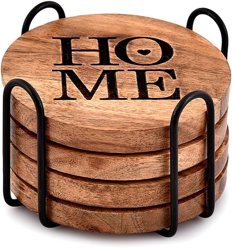 EDHAS Coaster Iron & Acacia Wood Coasters for Drinks with Iron Holder Stand for Countertop and Surfaces from Water Marks or Damage (10.16cm x 10.16cm x 1.27cm)
