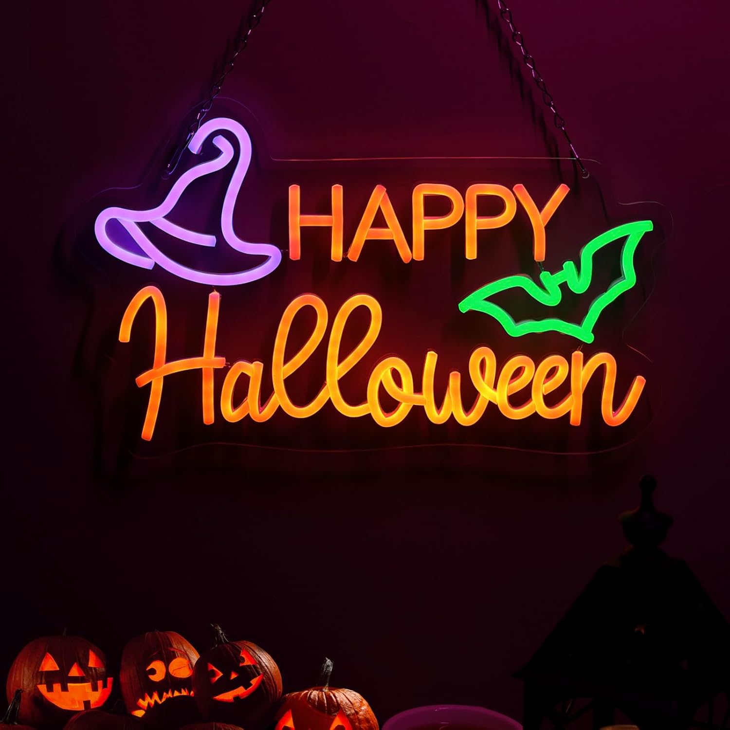 Qmetalart Halloween Neon Sign Happy Halloween Sign Wall Decor LED Sign Neon Lights for Bedroom Living Room Bar Office USB Powered Light Up Sign Hanging LED Light for Halloween Decor Holiday Party Gift