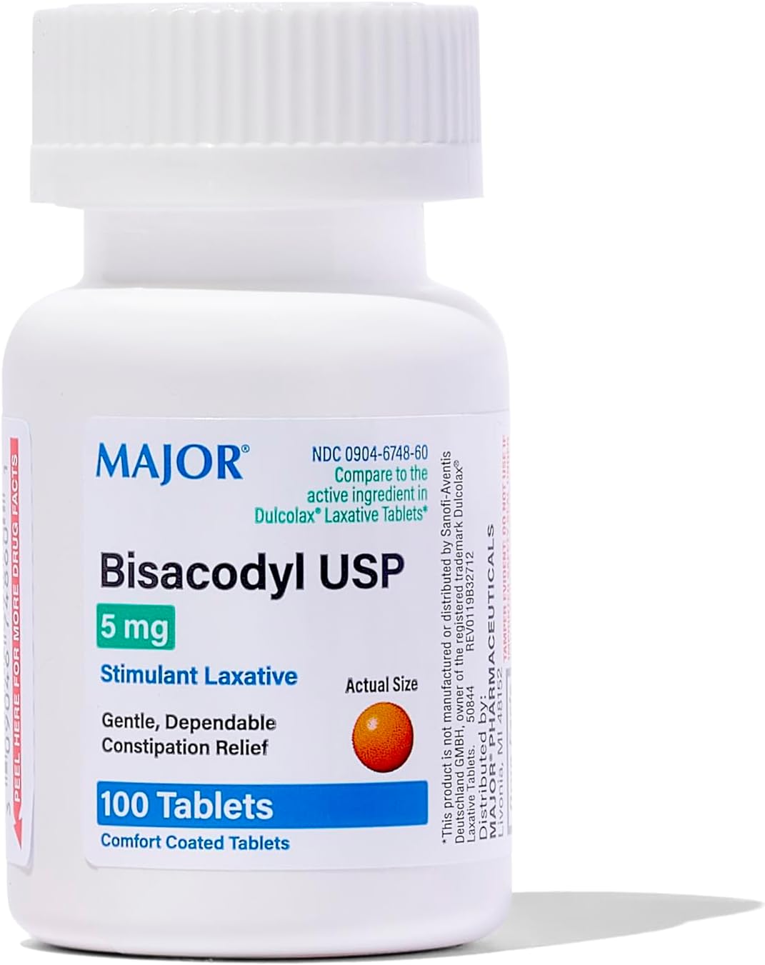 MAJOR Bisacodyl 5 mg - Comfort Coated Stimulant Laxative for Gentle, Dependable, Constipation Relief - 100 Tablets