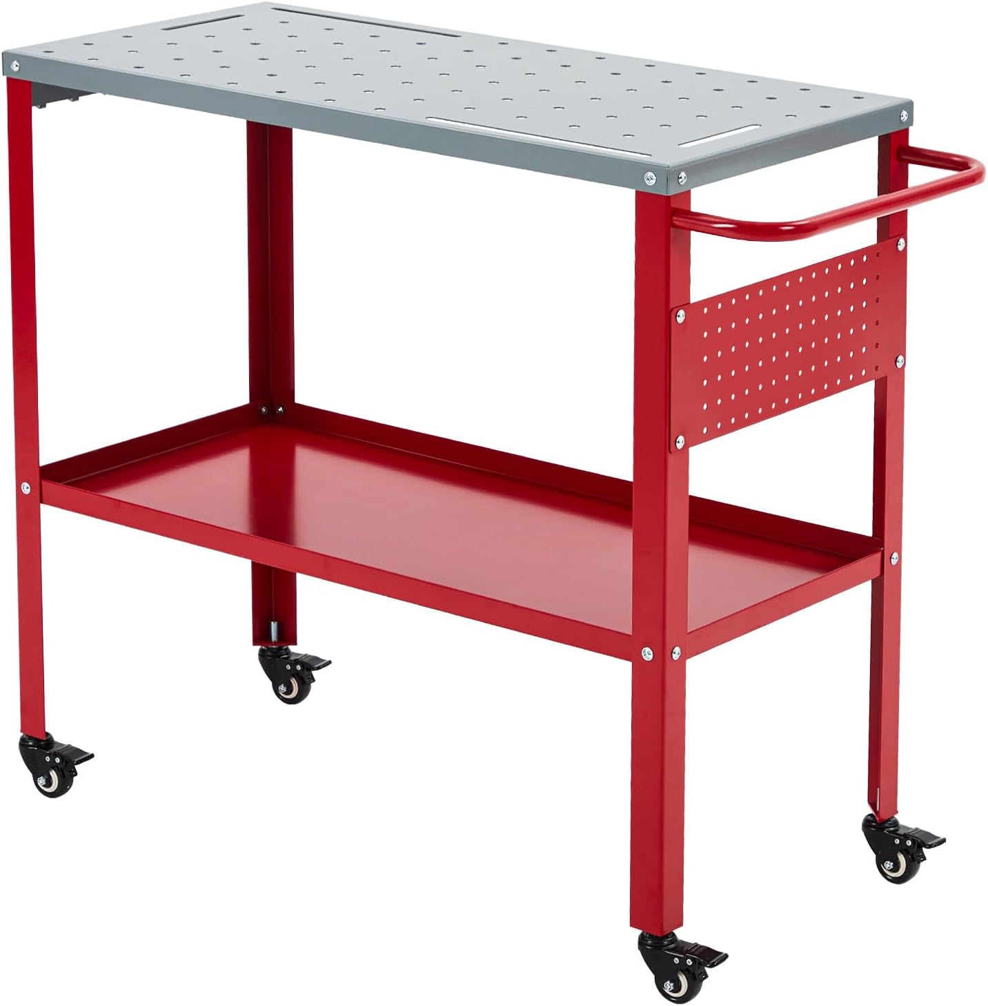 Movable Welding Table 36"x18", 1200lbs Steel Welding Workbench Table, Portable Work Bench with 8 Tool Slots, 5/8-inch Fixture Holes, 4 Casters with Brakes and Tool Tray