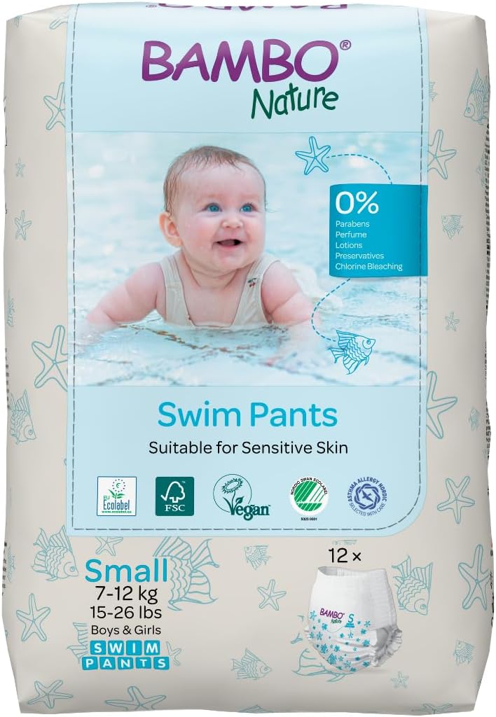 Bambo Nature Premium Swim Nappy Pants, Small Size (7-12 kg), Disposable and Eco-Labelled, Perfect Swimming Nappies for Water Activities, Swim Nappies for Babies