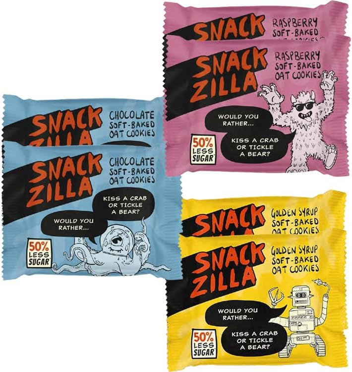 Snackzilla Cookies Multipack (Pack of 6 x 30g) - 50% Less Sugar Raspberry, Golden Syrup, and Chocolate Cookies Oat Biscuits Multipack Soft Baked Cookie Vegan Biscuits Individually Wrapped