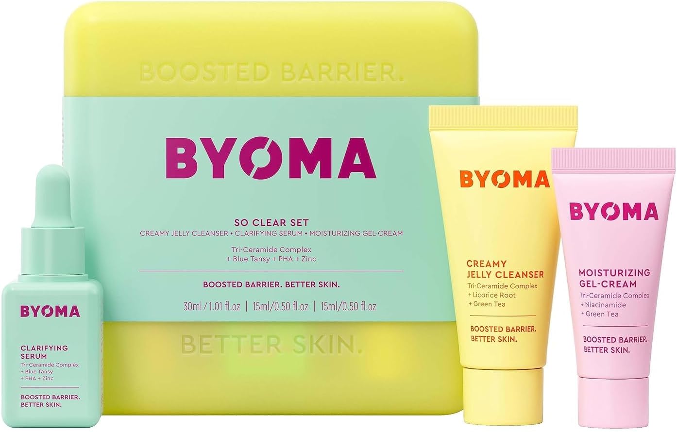 BYOMA So Clear Set - Barrier Repair Skincare Set for Acne Prone Skin (30ml, 15ml, 15ml) Creamy Jelly Cleanser, Clarifying Face Serum and Gel-Cream Moisturiser - Unclogs Pores, Targets Blemishes