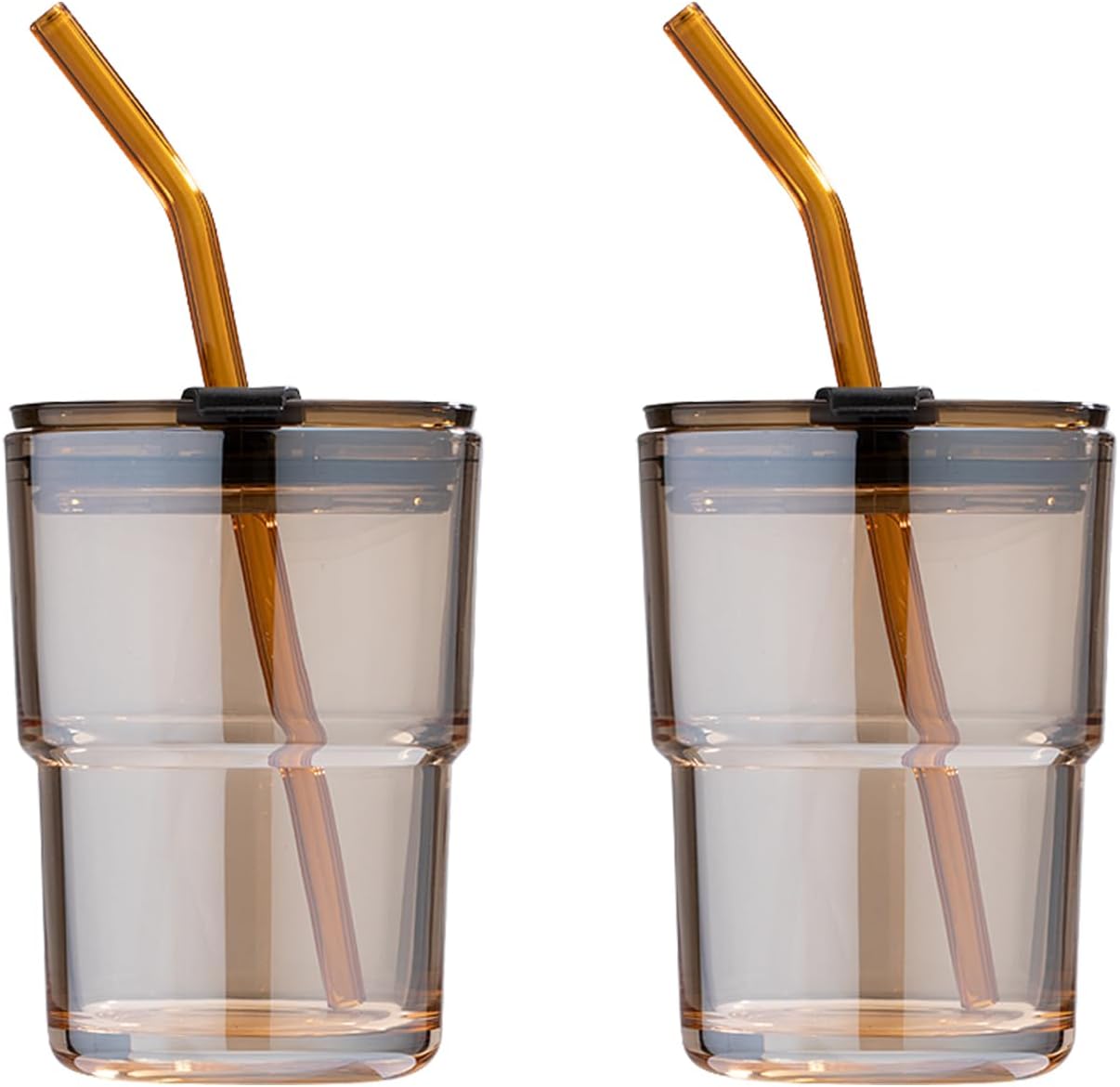 2 Pack 13oz/400ml Tumbler Water Glass, Glass Coffee Cups with Lids and Straws, Iced Tea Cups Insulated Glass Cup(2pack Amber)