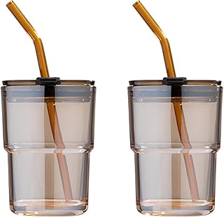 2 Pack 13oz/400ml Tumbler Water Glass, Glass Coffee Cups with Lids and Straws, Iced Tea Cups Insulated Glass Cup(2pack Amber)