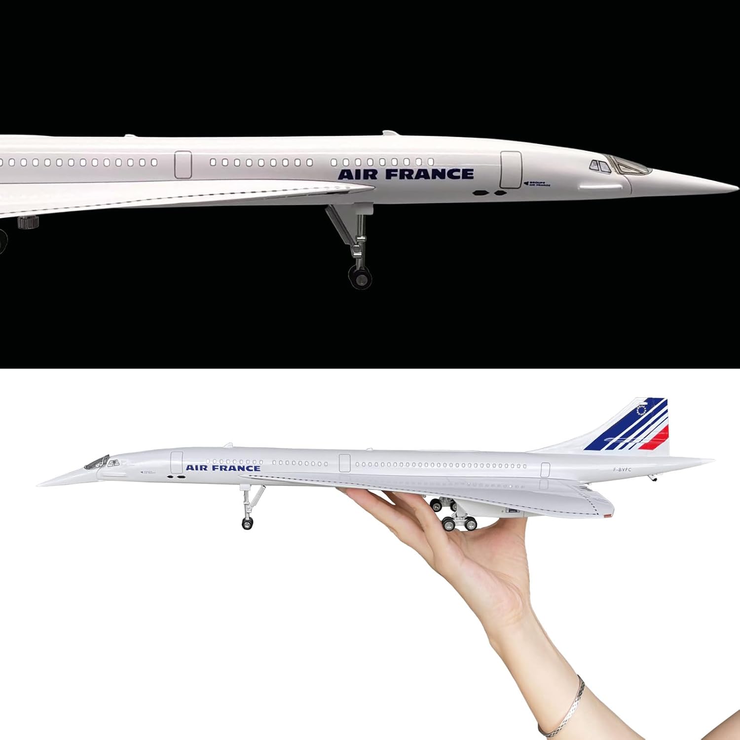 1/125 Scale Concorde Model Airplane - Air France Livery - 19.6 Inch Length, Rolling Wheels, Resin Material - Perfect for Gifting and Collecting with Light