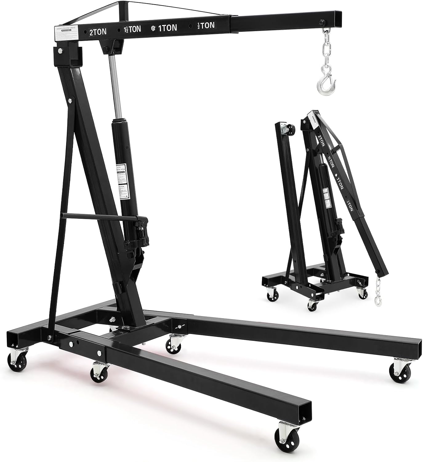 2-Ton Folding Engine Hoist Cherry Picker 4400 Lb Capacity Hydraulic Shop Crane with Telescoping Boom 6 Caster Wheels for Automotive Repair Garage Use Includes Hitch and Storage Stand | 2-Ton,Folding,4400 Lb Capacity,Hydraulic,w/h Telescoping Boom,6 Caster Wheels,Automotive Repair Garage