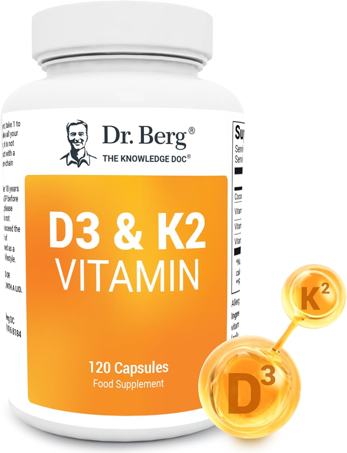 Dr. Berg Vitamin D3 K2 w/ MCT - Includes 2,000 IUs of Vitamin D3 & 50 mcg MK7 Vitamin K2 - No Added Sugars, Maltodextrin or Corn Syrup - 120 Capsules
