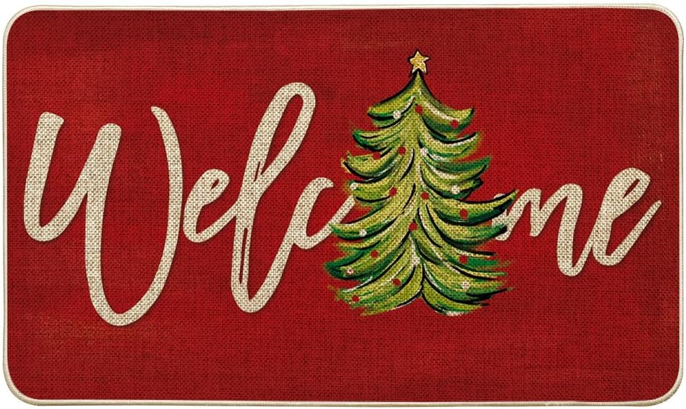 Artoid Mode Red Xmas Tree Christmas Welcome Doormat, Winter Home Decor Low-Profile Switch Rug Door Mat Floor Mat for Indoor Outdoor 17x29 Inch