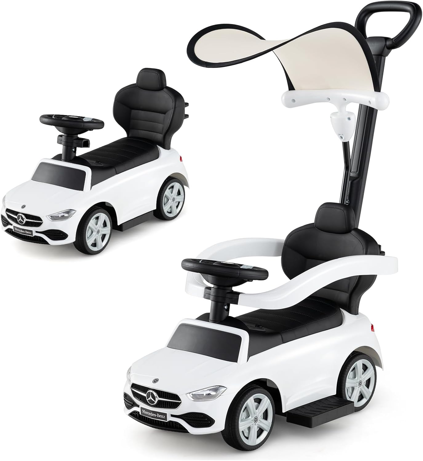 COSTWAY 3 in 1 Ride on Push Car, Mercedes-Benz Licensed Toddler Sliding Car with Steering Handle and Wheel, Horn, Adjustable Canopy, Foot to Floor Slider for Boys Girls 18-36 Months Old (White)