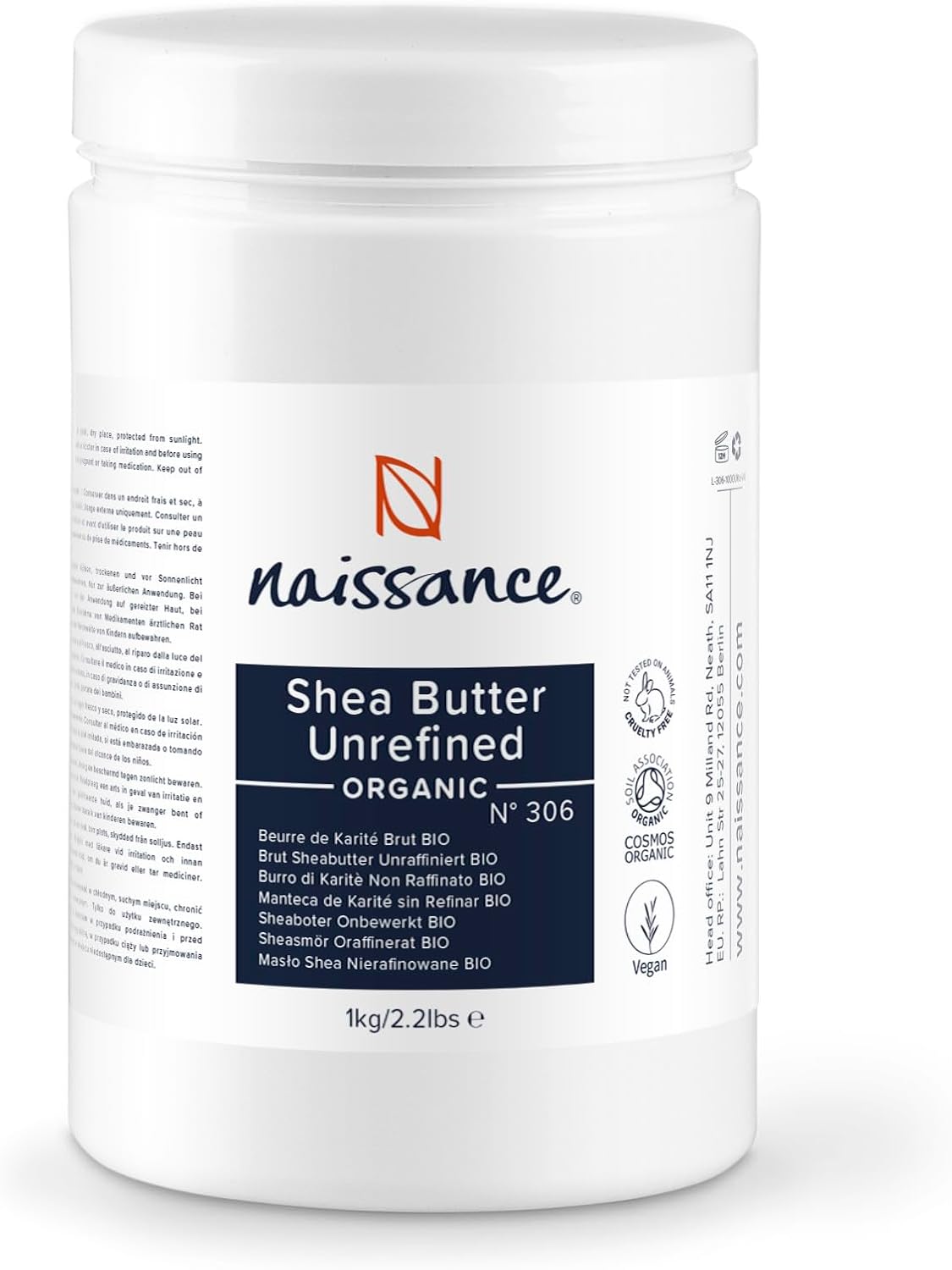 Naissance Organic Shea Butter Unrefined (No. 306) - 1kg - Pure, Raw, Natural, Vegan - for Skin, Hair, Lip Balms, Body Butters, Moisturiser