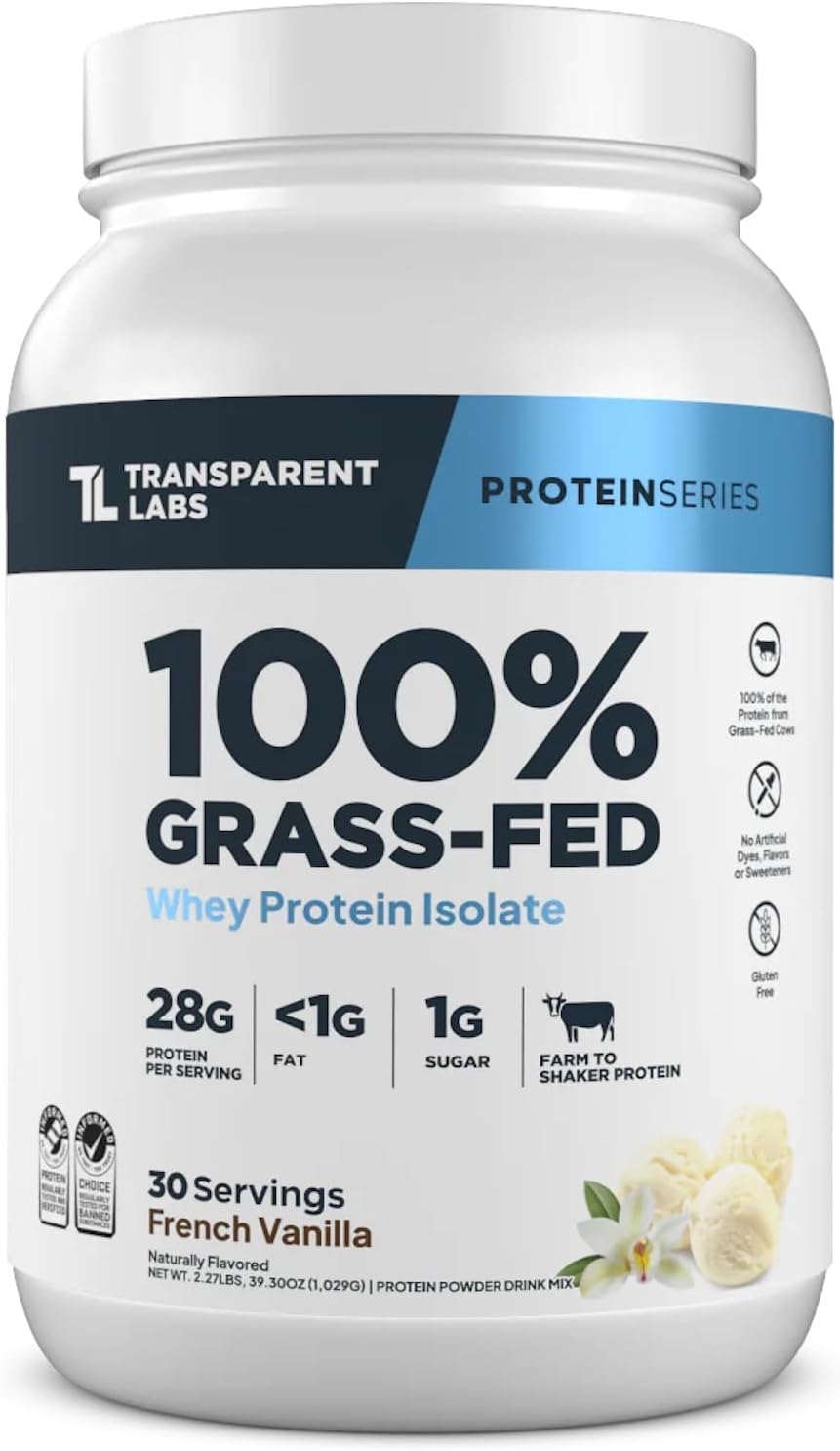 Transparent Labs Grass-Fed Whey Protein Isolate - Naturally Flavored, Gluten Free Whey Protein Powder with 28g of Protein per Serving & 9 Amino Acids - 30 Servings, French Vanilla