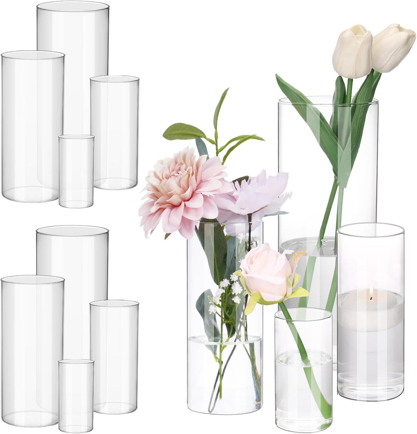 Fixwal 12pcs Clear Glass Cylinder Vases, 4, 6, 8, 10 Inch Tall Cylinder Vases for Centerpieces, Glass Flower Vase Floating Candle Holder Vase for Table Shelf, Party, Wedding, Home Decor