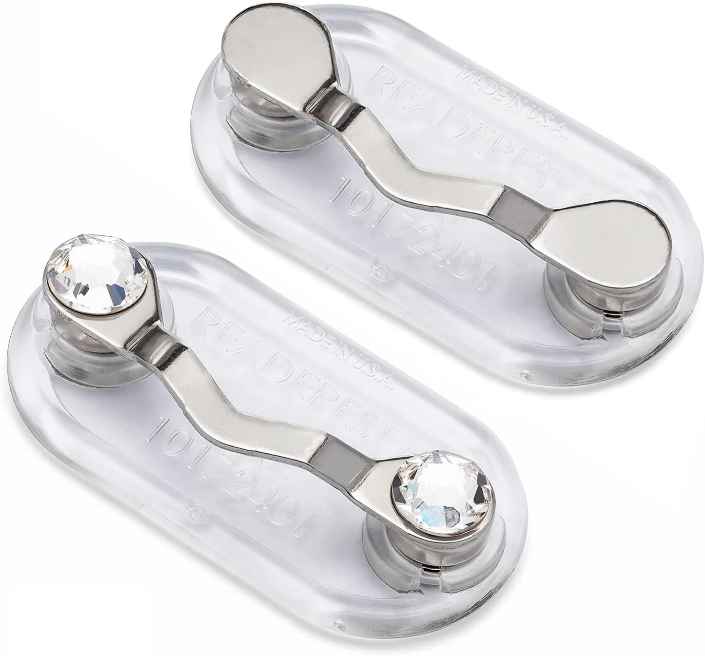 Readerest Magnetic Eyeglass Holder - Eye Glass Clip Holder, Glasses Accessories, Eye Glass Clips for Shirts, Sunglasses Holder from Shark Tank - 2 Pack, Stainless Steel (One with Crystal, One Plain)