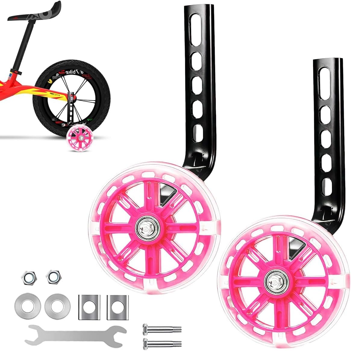 2 Pack Bicycle Training Wheels for Kids Bike,11cm Pink Stabilisers for Childs Bike Stabilisers,Light-Up Bicycle Wheel Stabilizer,Adjustable Bikes Training Wheels,for 12/14/16/18/20 Inch Bicycles
