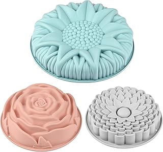 Sakolla 3 Pack Flower Silicone Molds - Large Round Chrysanthemum Rose Sunflower Shapes Non-Stick Bread Pan molds for Baking Birthday Cakes, Breads, Pies, and Tarts