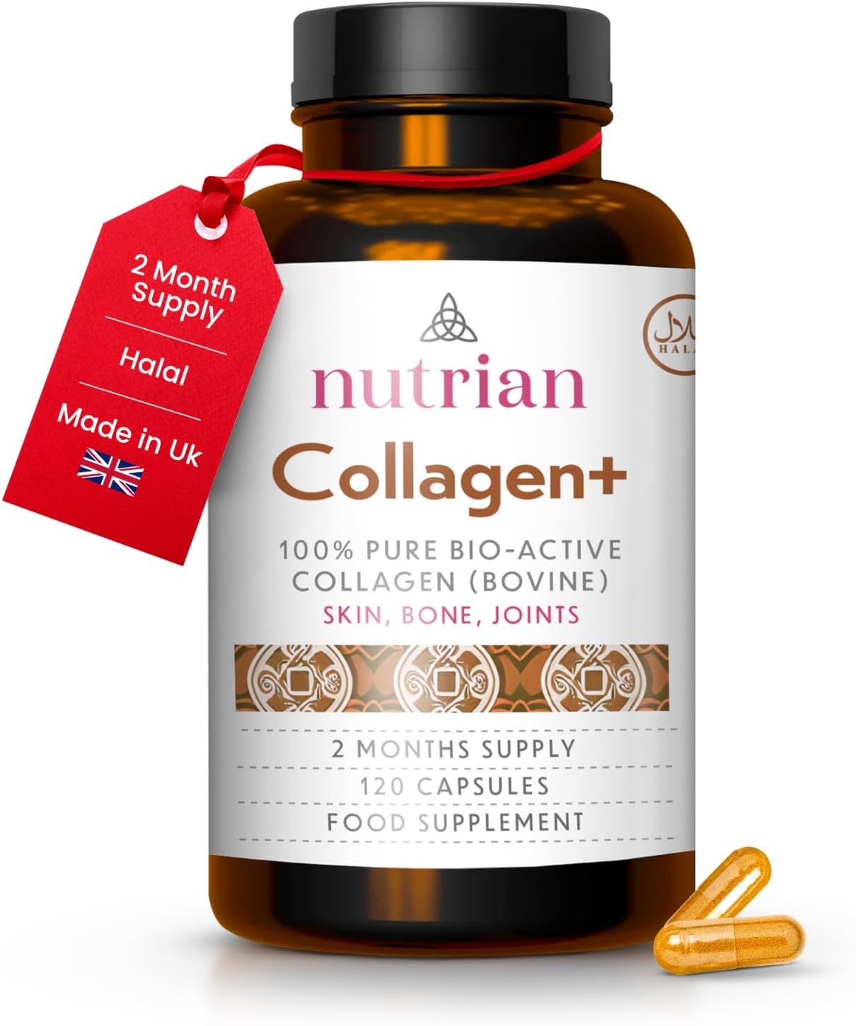 Nutrian 100% Pure Bio-Active Bovine Collagen 1200mg - 120 Capsules - Supports Skin, Bones & Joints - 2-Month Supply - Natural, Halal Collagen Supplements for Women and Men