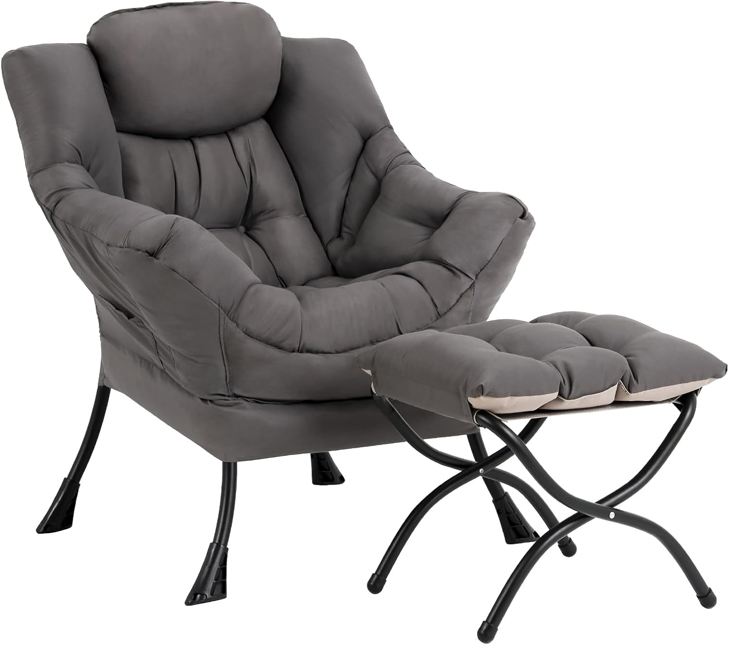 Welnow Lazy Chair with Ottoman, Reading Chair with Footrest,Dark Grey