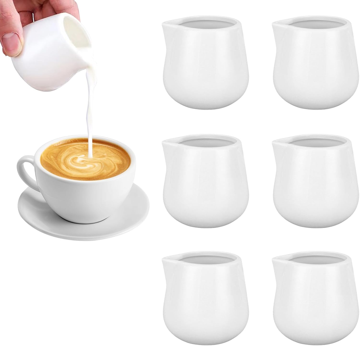 MEETOZ 6Pcs Mini Ceramic Creamer, 3 OZ Small Porcelain Pitcher, Small Syrup Coffee Creamer Pitcher Dispenser, White Ceramic Jug for Coffee Tea Milk Sauce