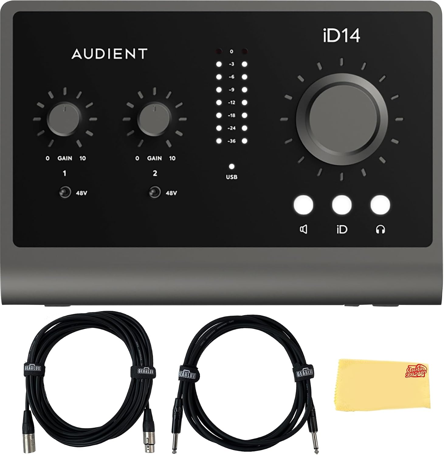 Audient iD14-MkII, 10 In 6 Out Audio Interface with Instrument Cable, XLR Cable, and Austin Bazaar Polishing Cloth
