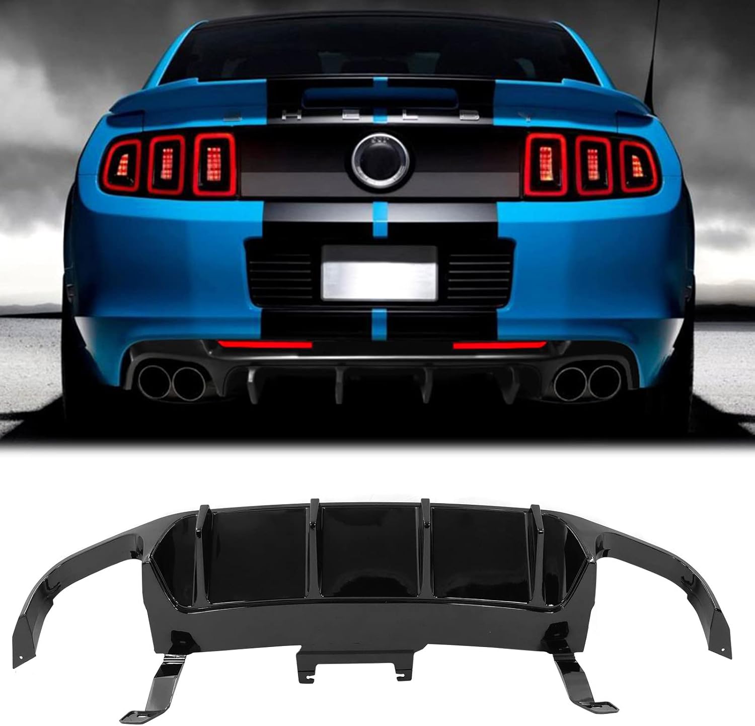 FREEMOTOR802 Compatible with 2013-2014 Ford Mustang Shelby GT500 Rear Diffuser Lip, GT500 Style Gloss Black PP Rear Bumper Molding Lip Lower Valance Diffuser W/ V3 Style Shark Fin