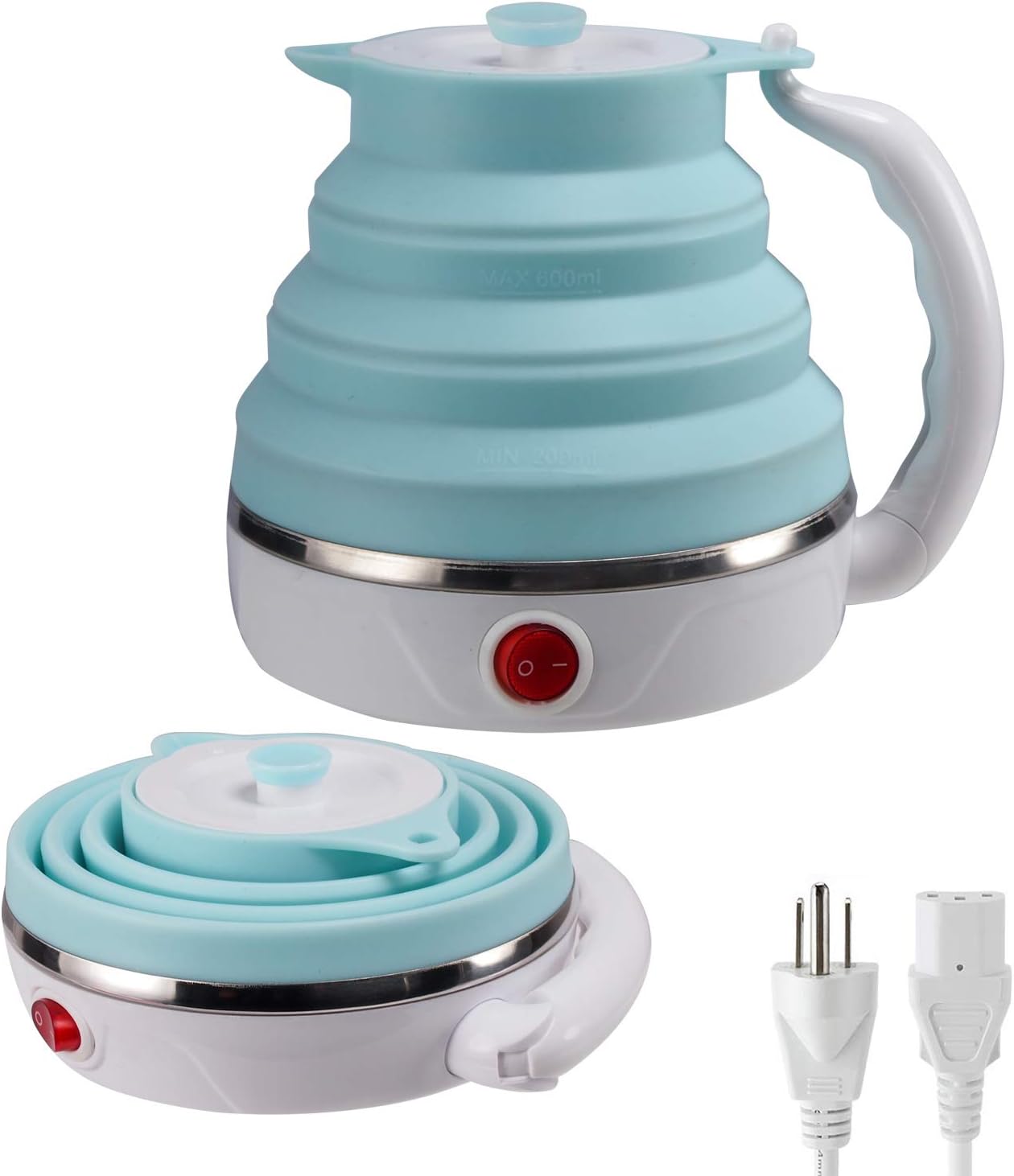 Travel Foldable Electric Kettle, Collapsible Food Grade Silicone Small Kettle Boiling water,Dual Voltage(600ml,110-220V US Plug) (Blue)