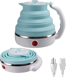 Travel Foldable Electric Kettle, Collapsible Food Grade Silicone Small Kettle Boiling water,Dual Voltage（600ml,110-220V US Plug） (Blue)