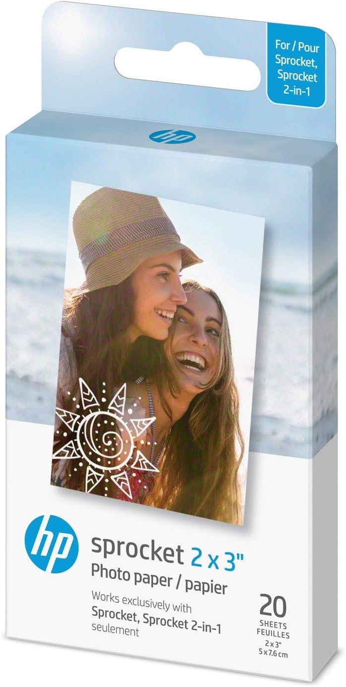 HP Sprocket 2x3" Premium Zink Sticky Back Photo Paper (20 Sheets) Compatible with HP Sprocket Photo Printers, White