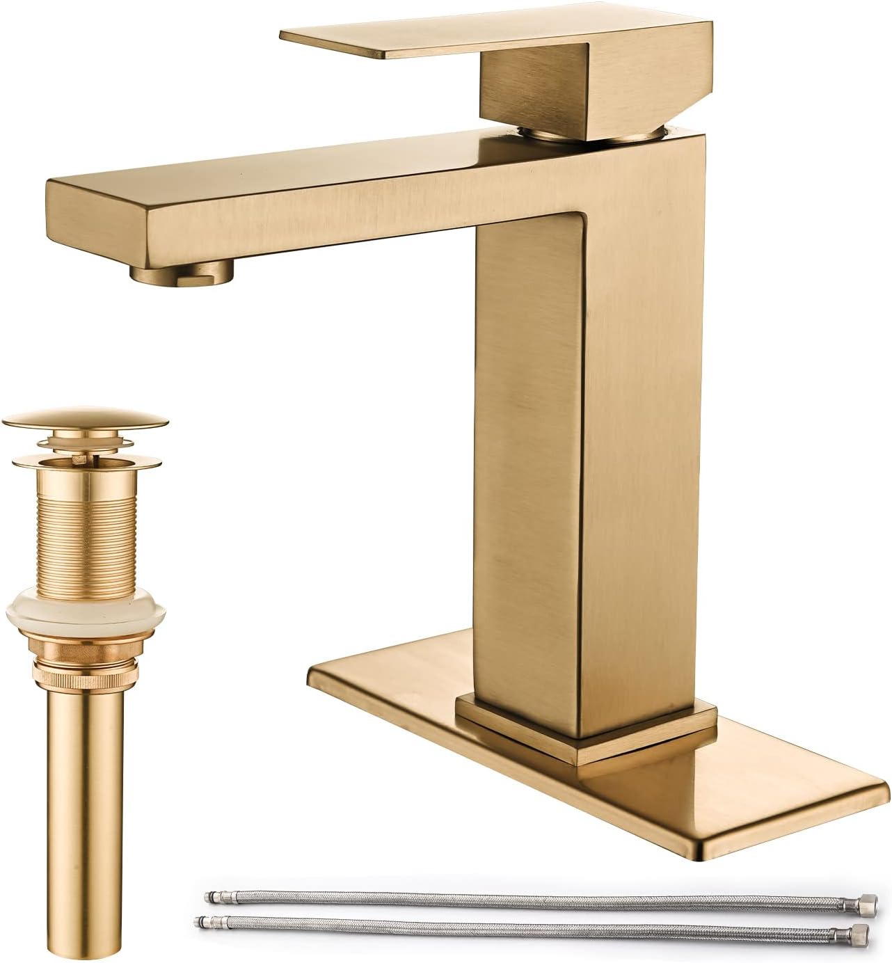 AVSIILE Brushed Gold Bathroom Faucet, Golden Single Hole Vanity Bath Faucet, Single Handle Modern Stainless Steel Bathroom Faucets for Sink 1 Hole with Pop Up Drain Stopper & Water Supply Hoses