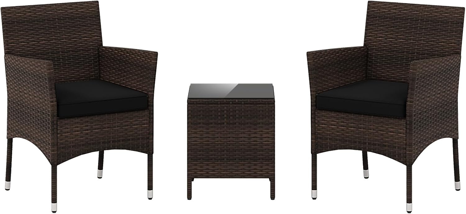 ORALNER 3 Pieces Patio Furniture Set, Outdoor PE Wicker Bistro Set with Cushioned Chairs, Glass Coffee Table, Rattan Conversation Set for Front Porch, Balcony, Garden, Poolside, Backyard, Deck (Black)