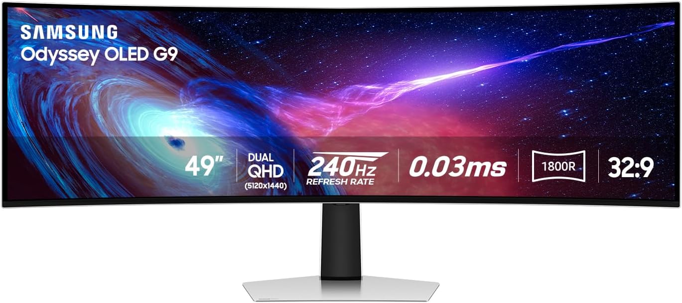 SAMSUNG 49" Odyssey QD-OLED (G93SC) Series Curved Gaming Monitor, 240Hz, 0.03ms,Dual QHD,DisplayHDR True Black 400,AMD FreeSync Premium Pro,Height Adjustable Stand,3 Year Warranty,LS49CG932SNXZA
