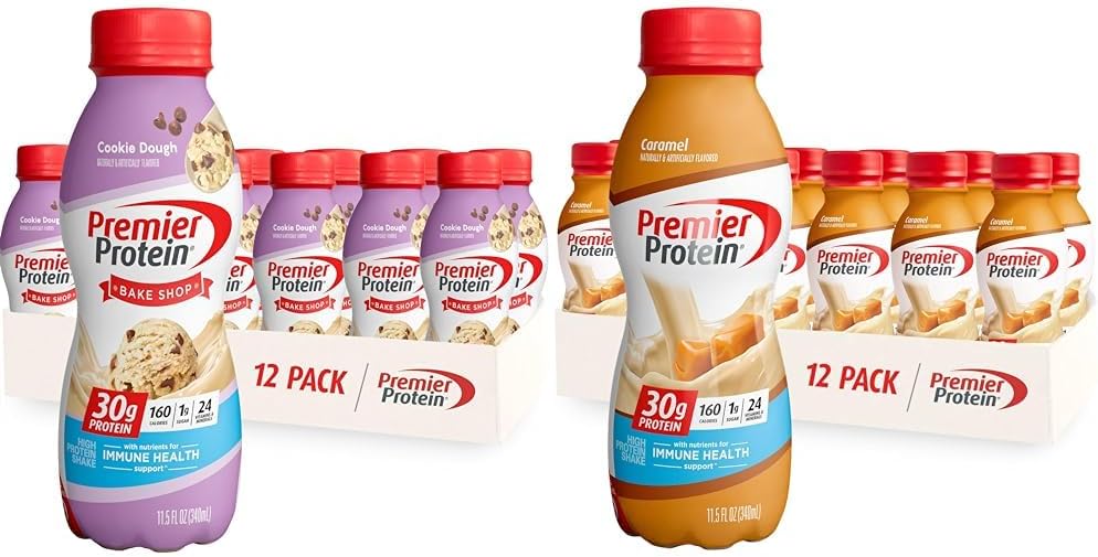 Premier Protein Shake, Cookie Dough, 11.5 Fl Oz, 30g Protein, 1g Sugar, 3g Carbs & Liquid Protein Shake, Caramel, 30g Protein, 1g Sugar, 24 Vitamins & Minerals
