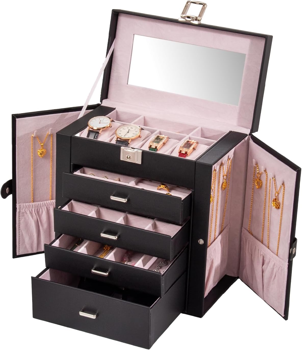 Large Jewelry Box,5-Tier PU Leather Jewelry Organizer with Lock,Multi-functional Storage Case with Mirror,Jewelry Organizer for Bracelets, Earrings, Rings, Necklaces (BLACK)