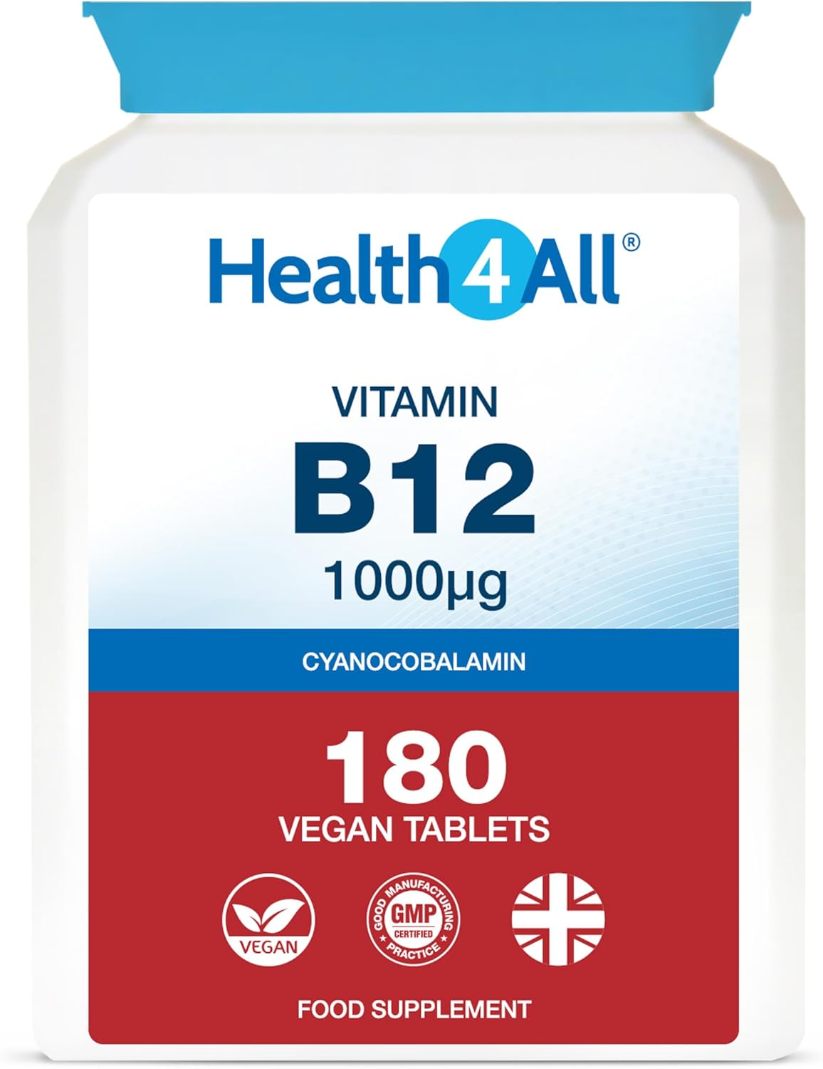 Health4All Vitamin B12 Cyanocobalamin 1000mcg 180 Tablets 6 Months Supply, High Strength Vitamin B12 Supplement, Contributes to The Reduction of Tiredness and Fatigue, Vegan & Gluten-Free | Made in UK