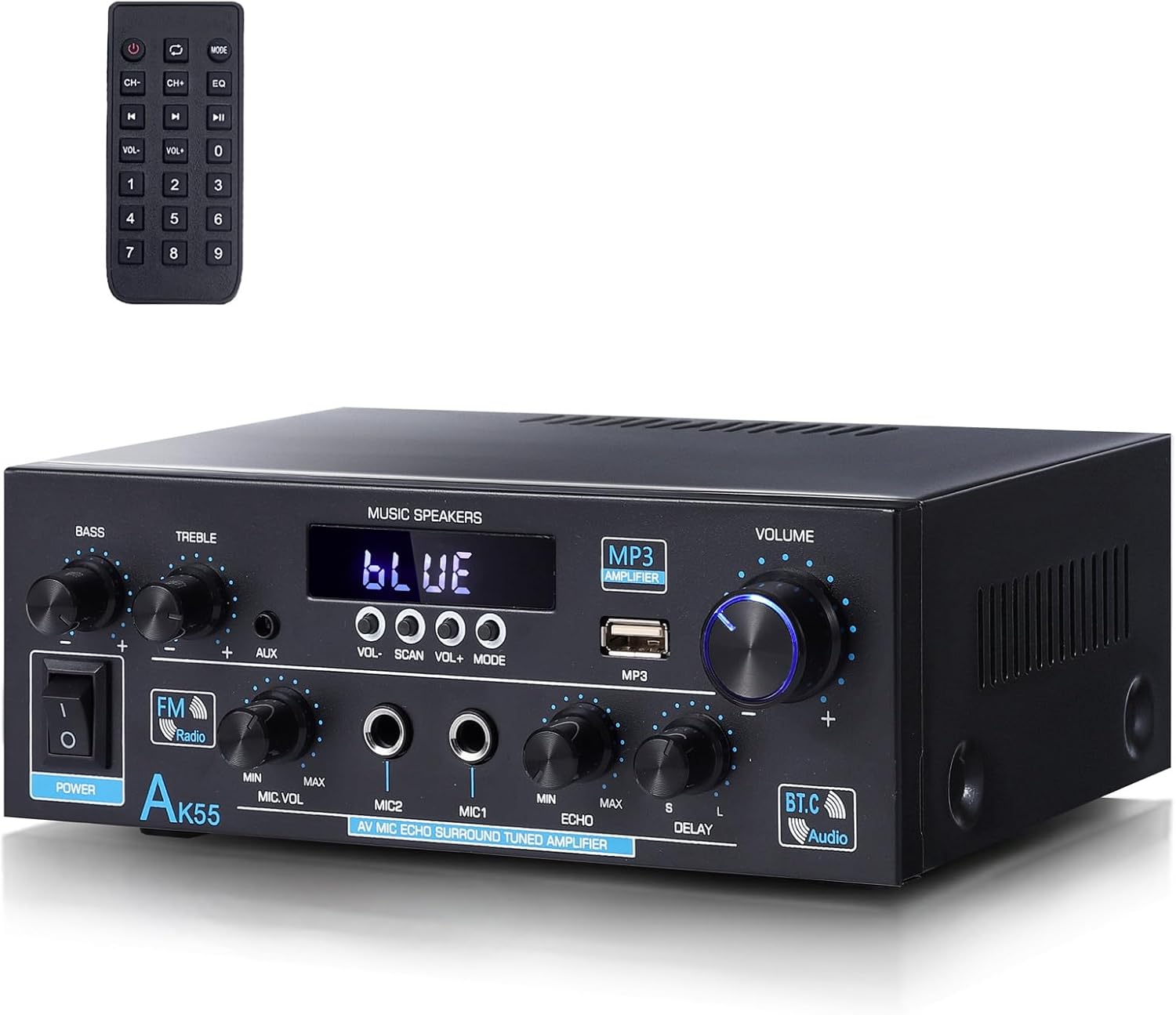 AK55 Bluetooth 5.0 Amplifier Home Audio,2.0 Channel Max 450W Power Stereo Amplifier Receiver w/USB/AUX/RCA/Opt/COA /2 MIC in for Home Theater Speakers