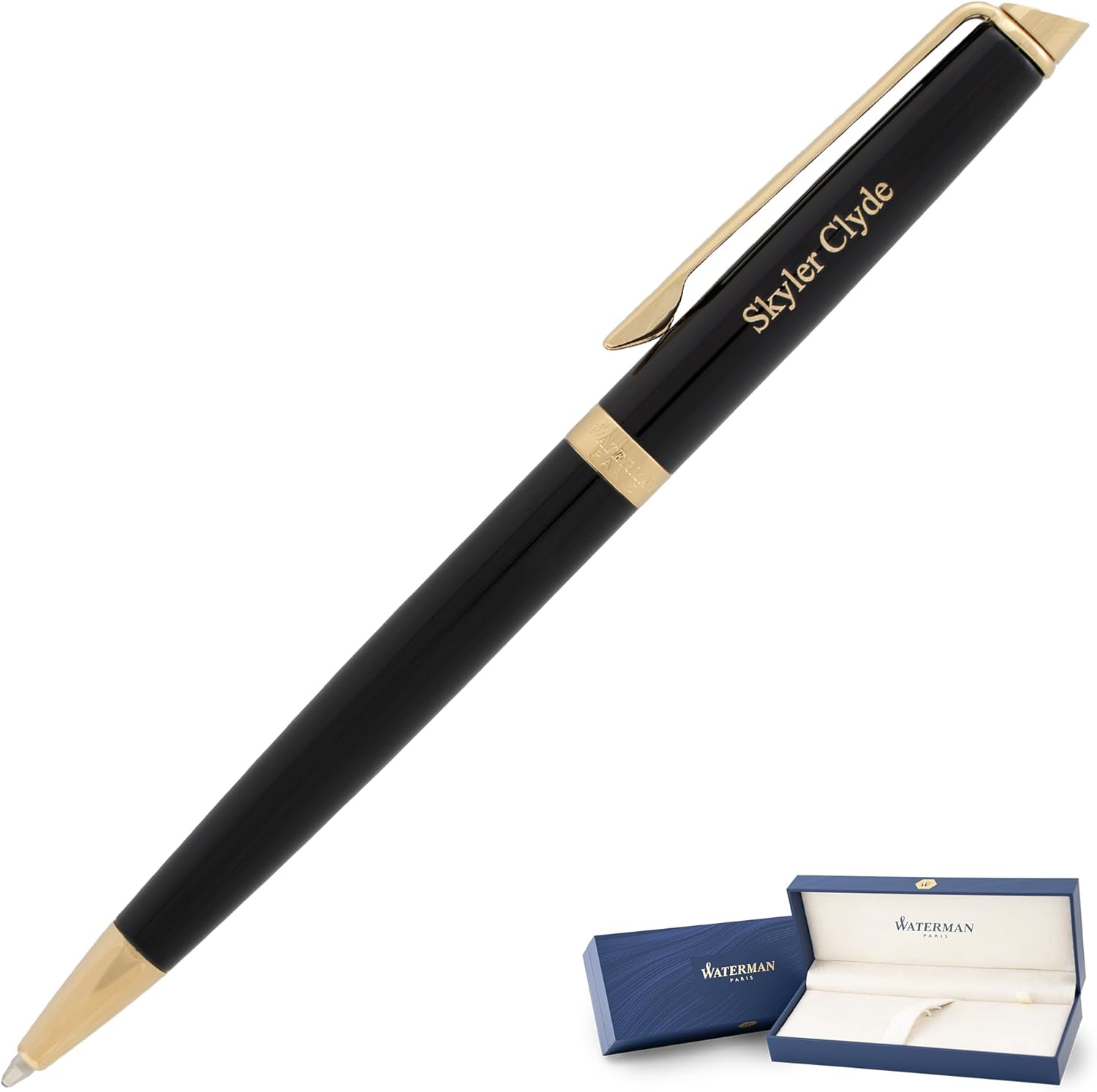 Engraved Waterman Hemisphere Ballpoint Pen in Black Lacquer with Gold Trim. Personalized Executive Gift for Graduation, Professional Milestone, or Office