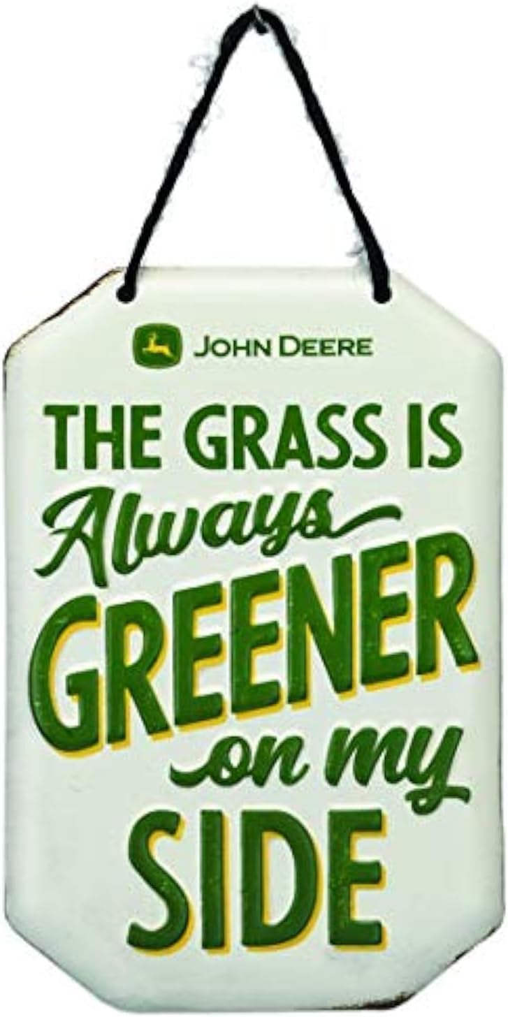 John Deere Grass is Greener On My Side Embossed Metal Hanging Sign - Small John Deere Sign for Home Decorating - Great Gift Idea