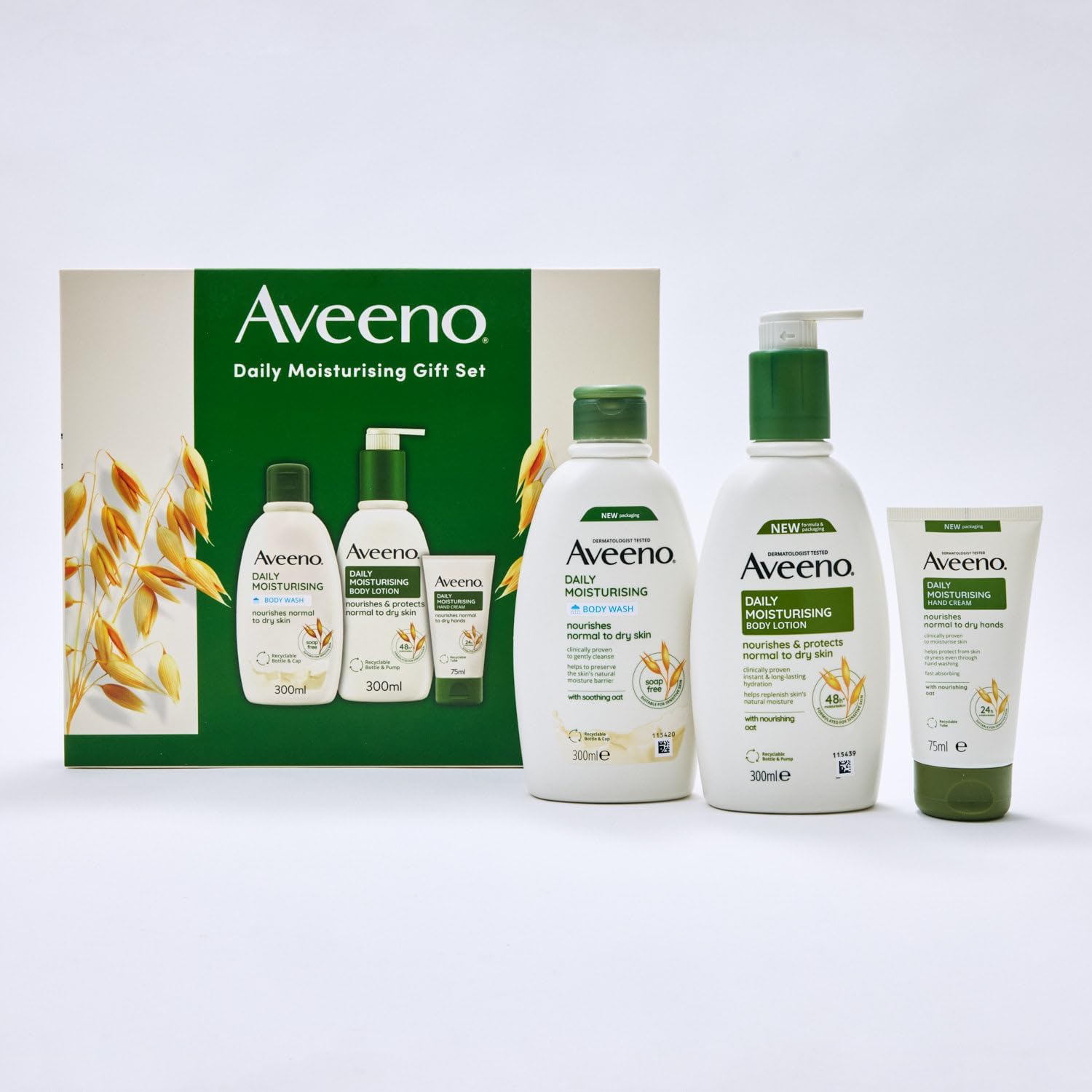 Aveeno Daily Moisturising Gift Set for Normal to Dry Skin, with Soothing Oat Extract, Body Wash 300ml + Body Lotion 300ml + Hand Cream 75ml, Pack of 3