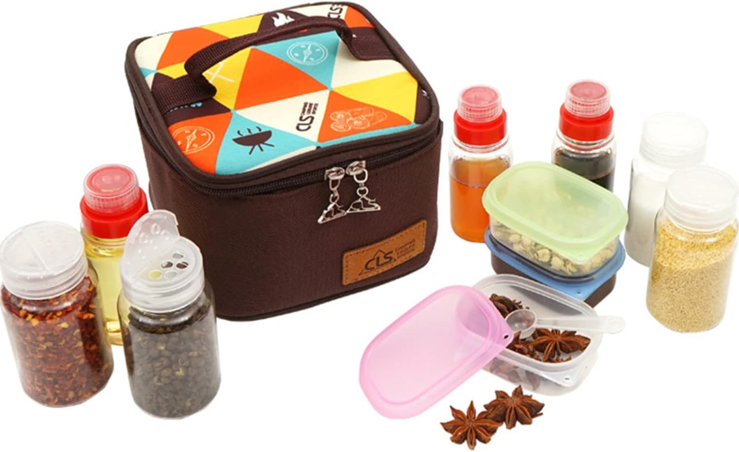 Travel Spice Containers Kit, 3 Pcs 2.7 oz Liquid Spice Bottles, 3 Pcs 3.3 oz Sauce Bottle, 4 Pcs 2.7 oz Spice Box with Small Spoon, Durable Storage Bag for Camping, Hiking, Outdoor BBQ, #09