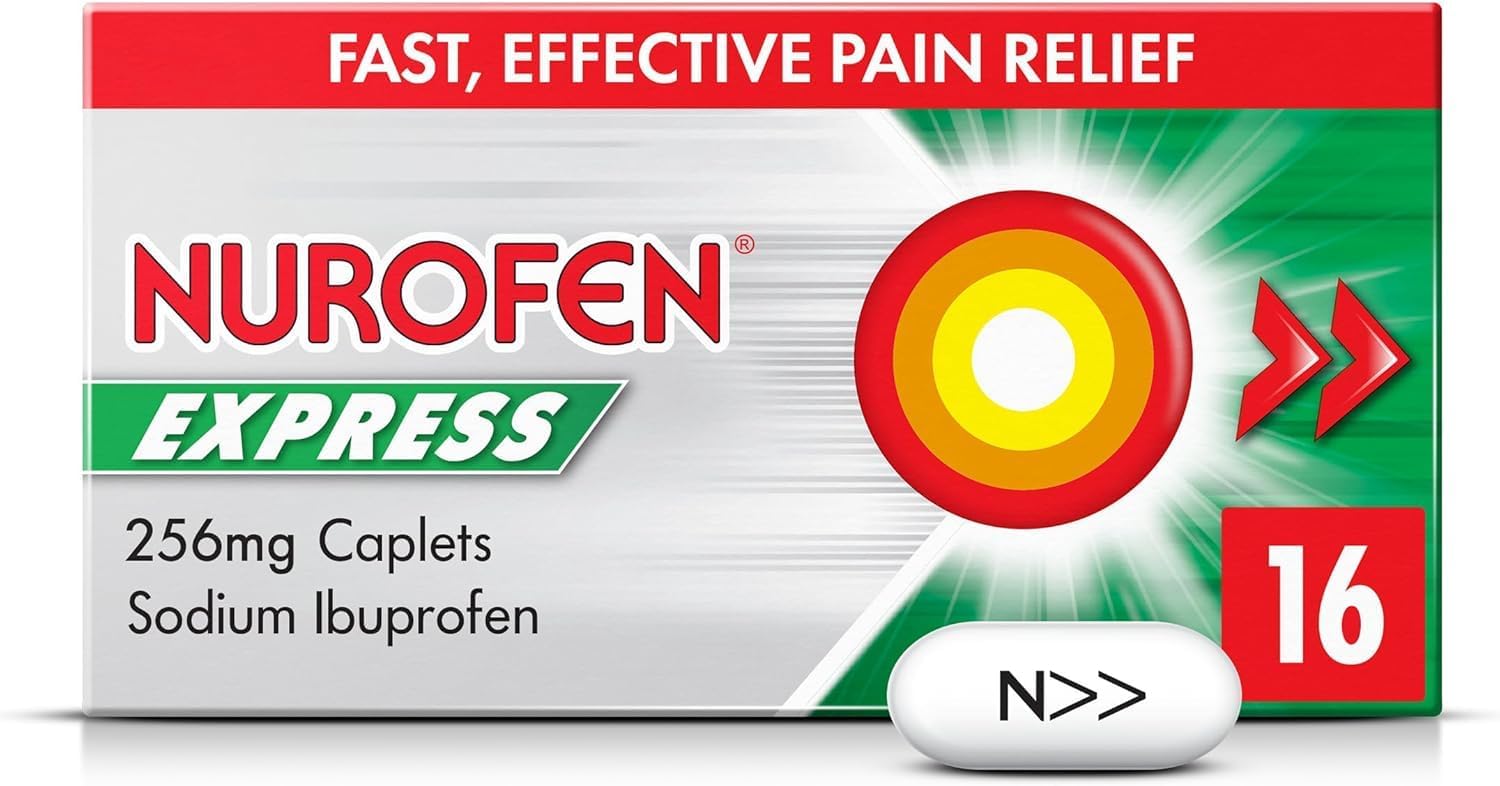 Nurofen Express Sodium Ibuprofen Caplets 256mg, 16 Count - Fast-Acting Relief for Period Pain, Headaches, Migraines, Cold & Flu Symptoms